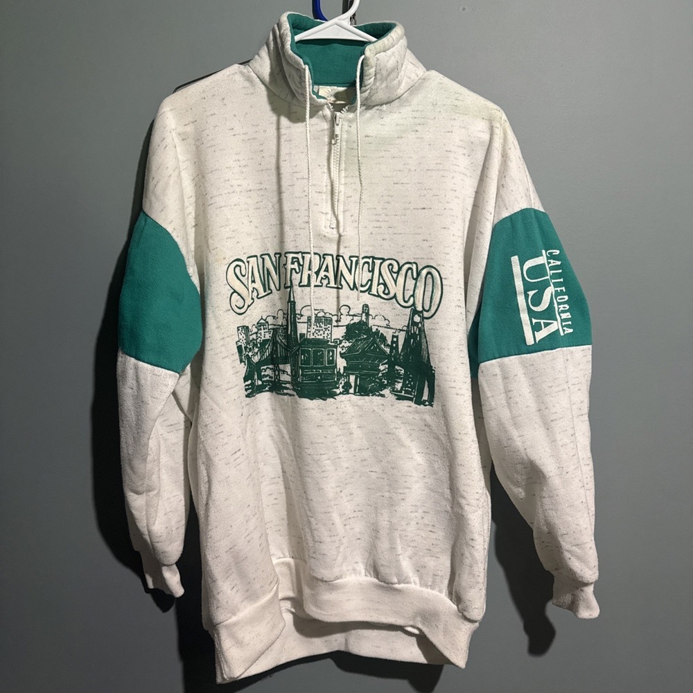 San Francisco Vtg  90`s Mens Gray Green 1/4 Zip Pullover Sweatshirt Size XL USA